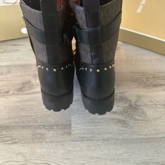 Michael Kors Kincaid Logo Studded Brown and Black Lace Up Boots - Picture 3 of 8